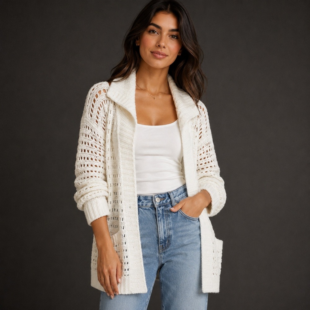 CABI Women's White Open Stitch Crochet Cardigan Size S Open Cottagecore Sweater